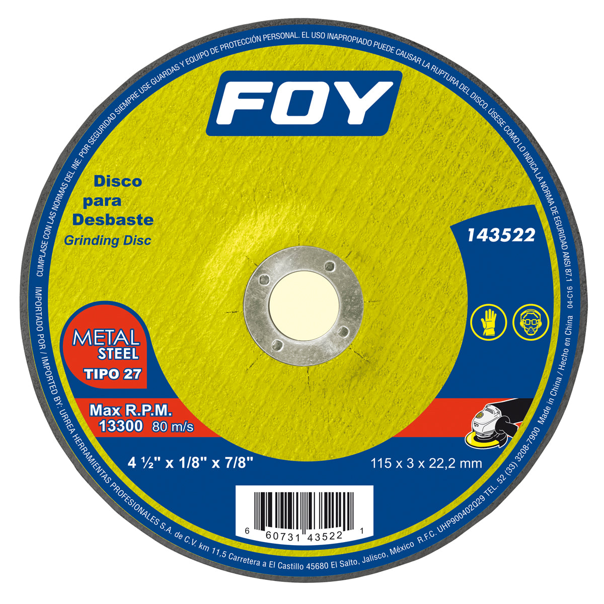 DISCO ABRASIVO TIPO 27 PARA METAL 4-1/2" X 3 MM FOY