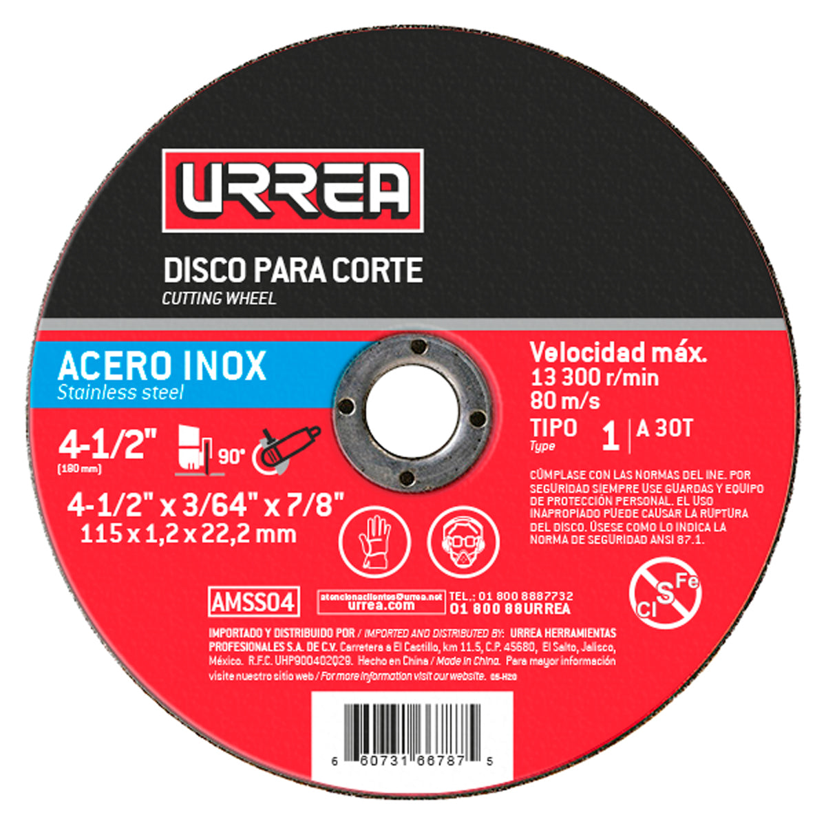 DISCO ABRASIVO TIPO 1 PARA ACERO INOXIDABLE 7" X 5/64" URREA
