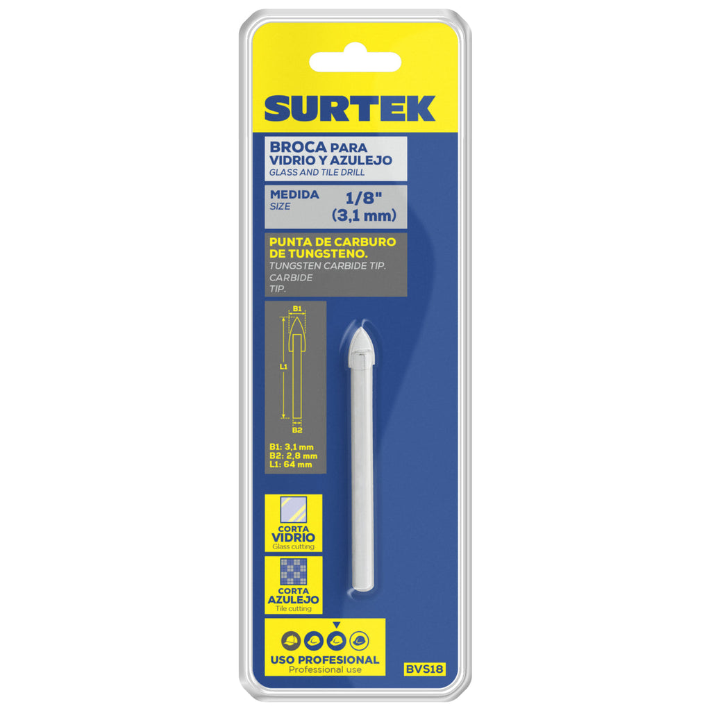 BROCA PARA VIDRIOS Y AZULEJOS DE ACERO CON CABEZA DE CARBURO DE TUNGSTENO 1/8" SURTEK BVS18