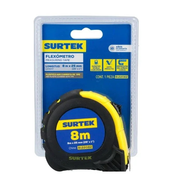 Flexómetro Anti-Impacto 8m x 25mm con Doble Gancho e Imán - SURTEK B122082